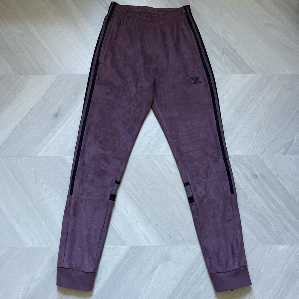 Adidas suede track pants in purple and black